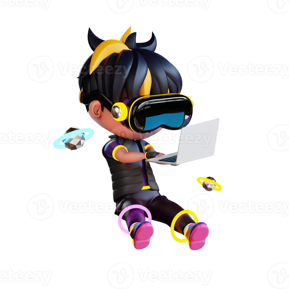 3d Cute Boy Work on Laptop With VR png