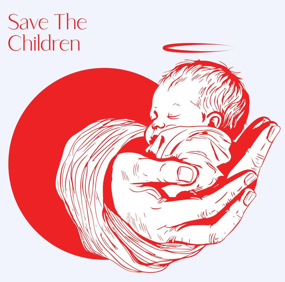 a red and white poster with a baby holding a baby and a heart with the words save the children. vector