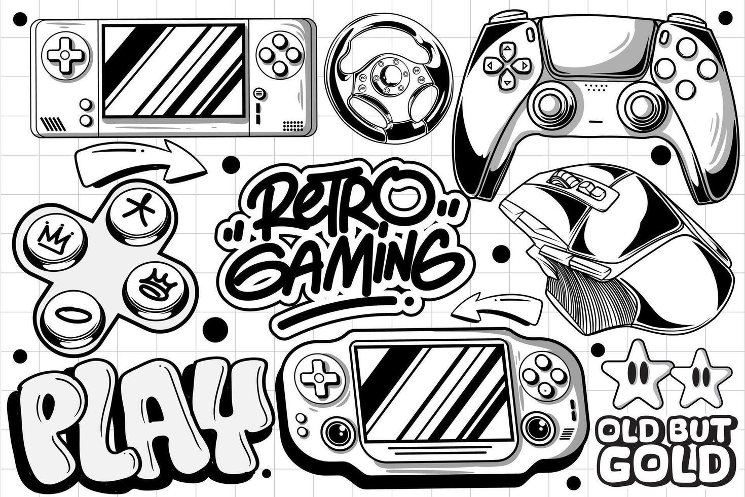 Gaming retro set of objects. Classic retro console gaming illustration in graffiti style vector