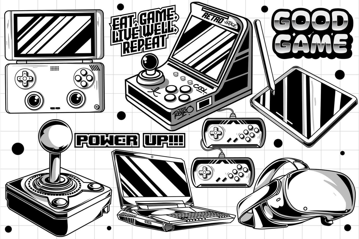 Gaming retro set of objects. Classic retro console gaming illustration in graffiti style vector