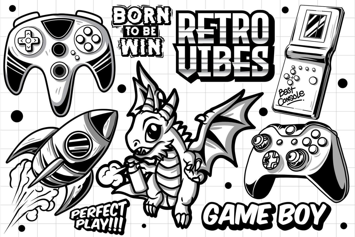 Gaming retro set of objects. Classic retro console gaming illustration in graffiti style vector