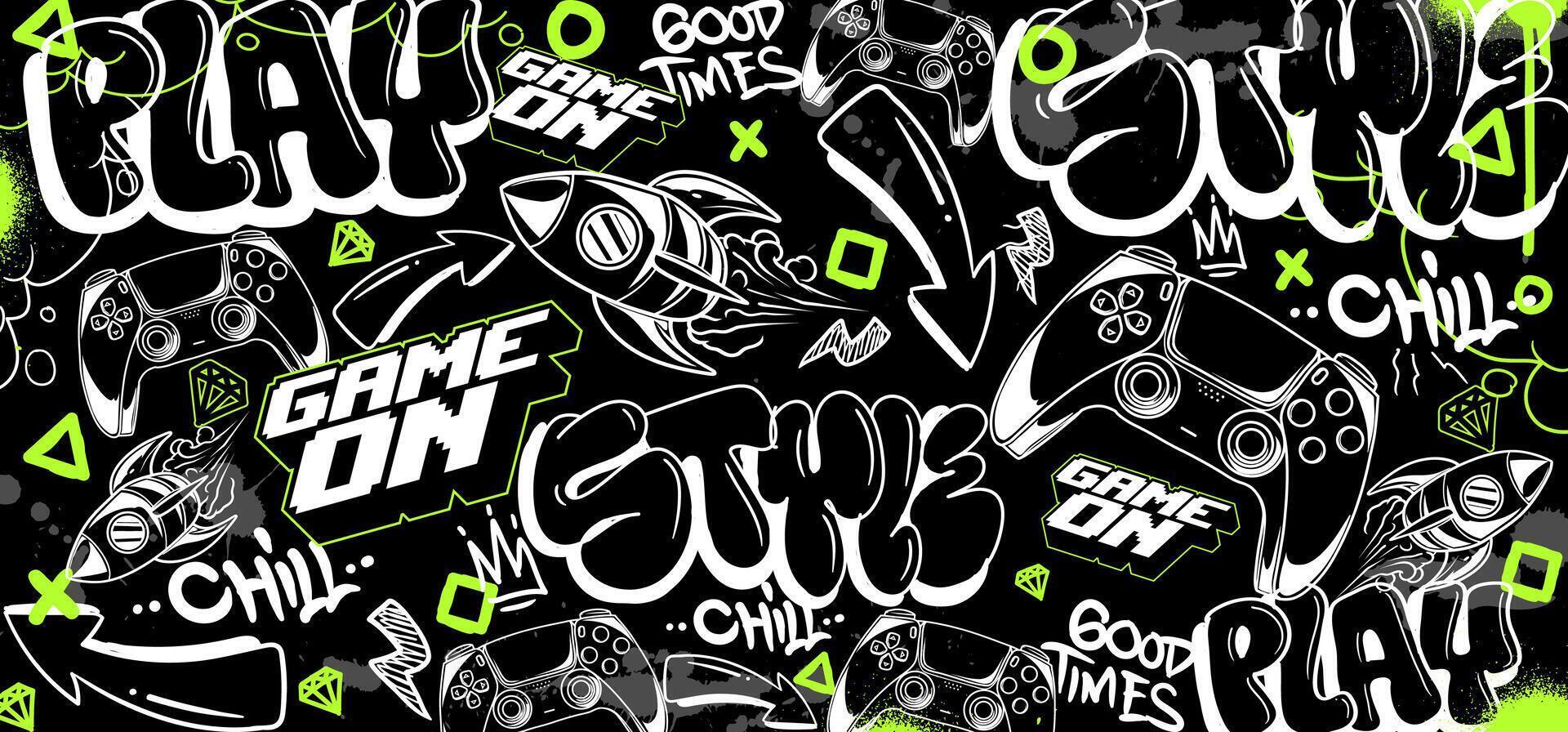 Gaming background and illustrations. Retro game elements in graffiti style vector