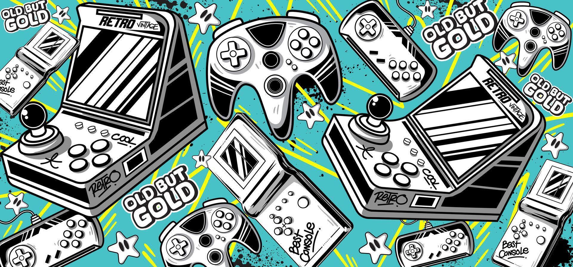 Gaming background and illustrations. Retro game elements in graffiti style vector