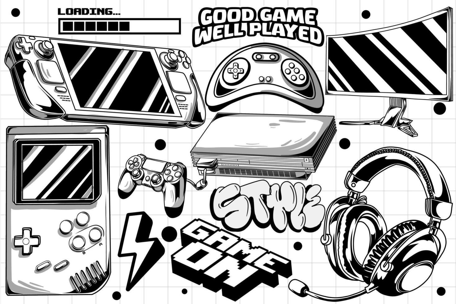 Gaming retro set of objects. Classic retro console gaming illustration in graffiti style vector