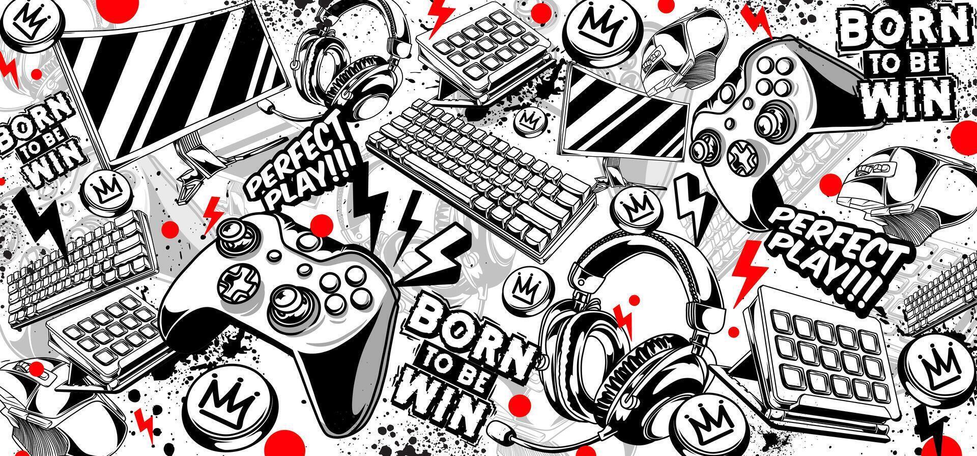 Gaming background and illustrations. Retro game elements in graffiti style vector