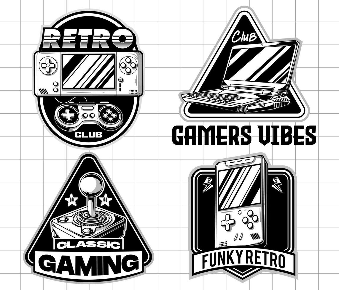 Gaming badge logo design set. Vintage monochrome game emblems illustrations vector