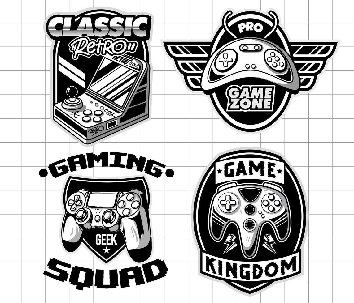 Gaming badge logo design set. Vintage monochrome game emblems illustrations vector