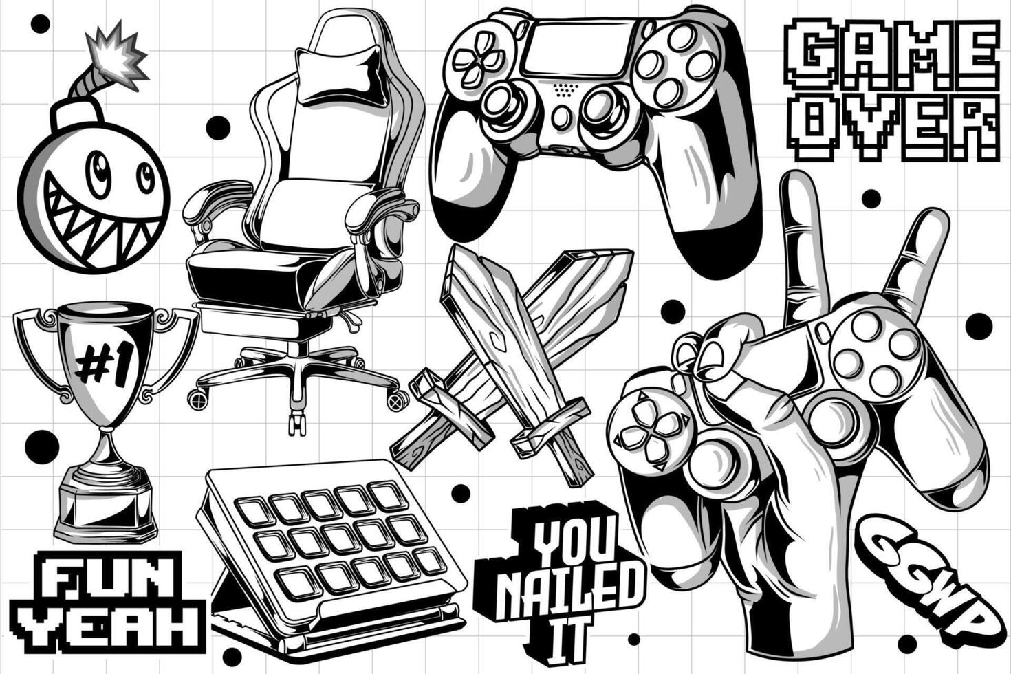 Gaming retro set of objects. Classic retro console gaming illustration in graffiti style vector