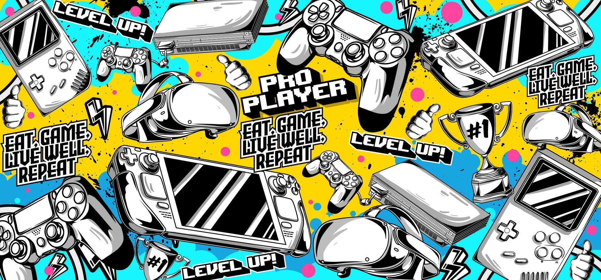 Gaming background and illustrations. Retro game elements in graffiti style vector