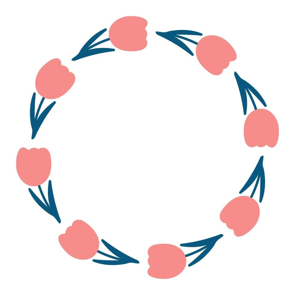 Spring simple minimalist bright tulips design. Hand drawn flowers wreath. Elegant floral circle with place for text. Design for invitation,info, sale or greeting cards vector