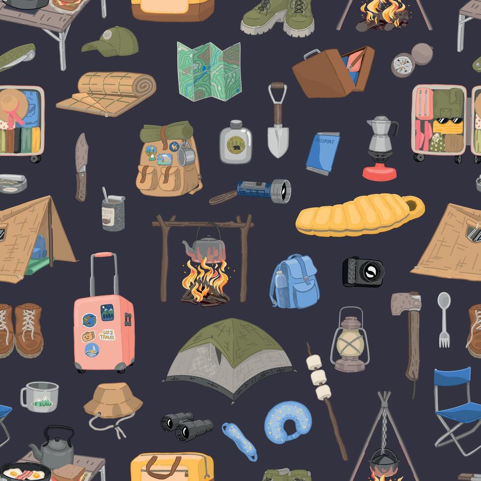 Travelling seamless pattern. Ornament of camping items, hiking equipment, journey attributes. design in cartoon style. vector