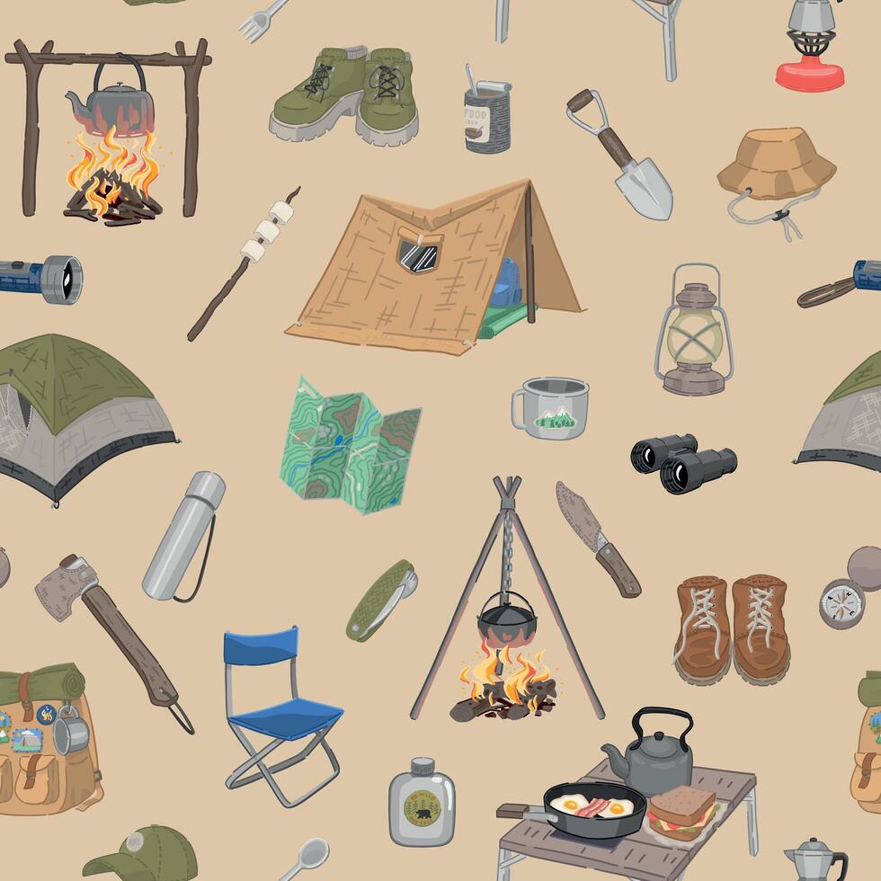 Camping seamless pattern. Ornament of outdoor adventure, hiking equipment, journey supply. design in cartoon style. vector