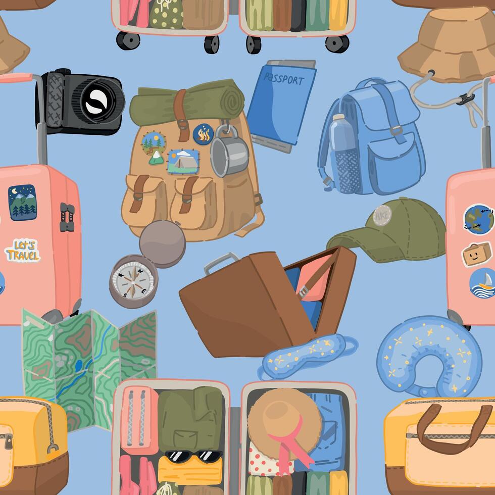 Journey seamless pattern. Ornament of trip attributes, luggage, travel accessories. design in cartoon style. vector