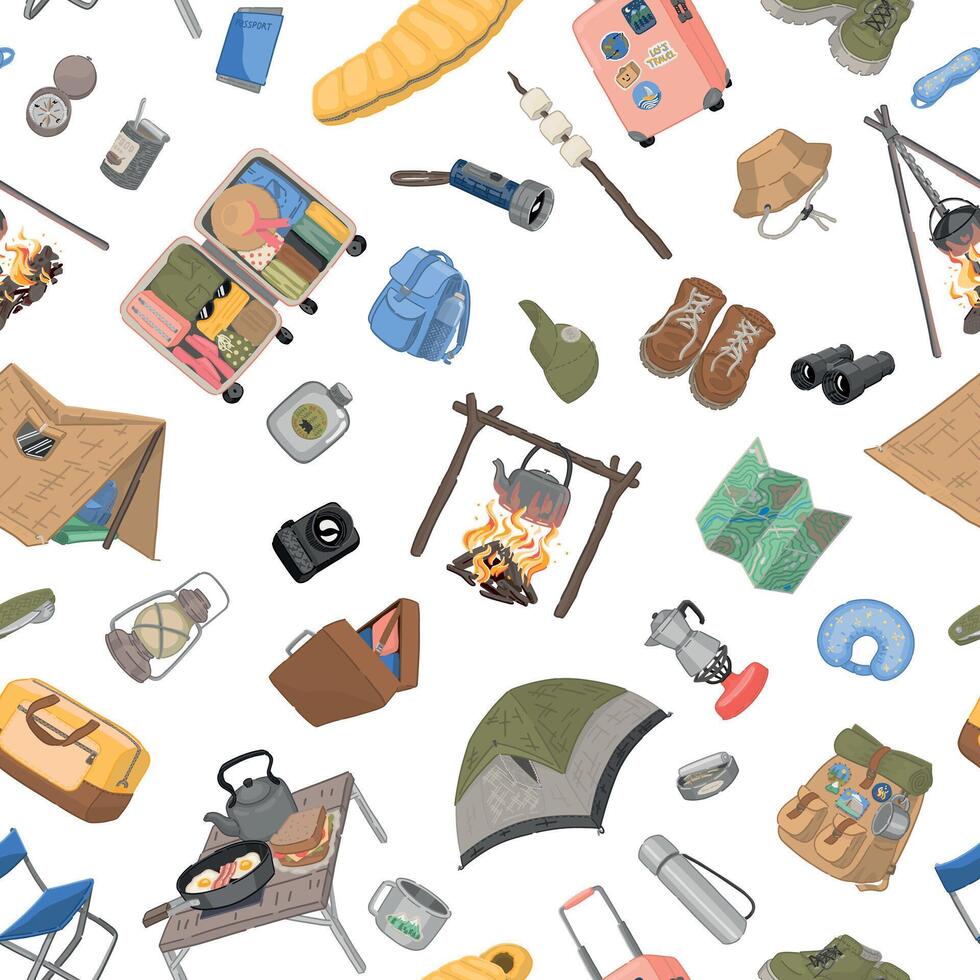 Travelling seamless pattern. Ornament of camping items, hiking equipment, journey attributes. design in cartoon style. vector