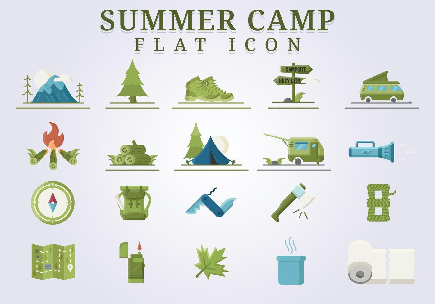 conjunto de verano acampar plano icono ilustración diseño vector