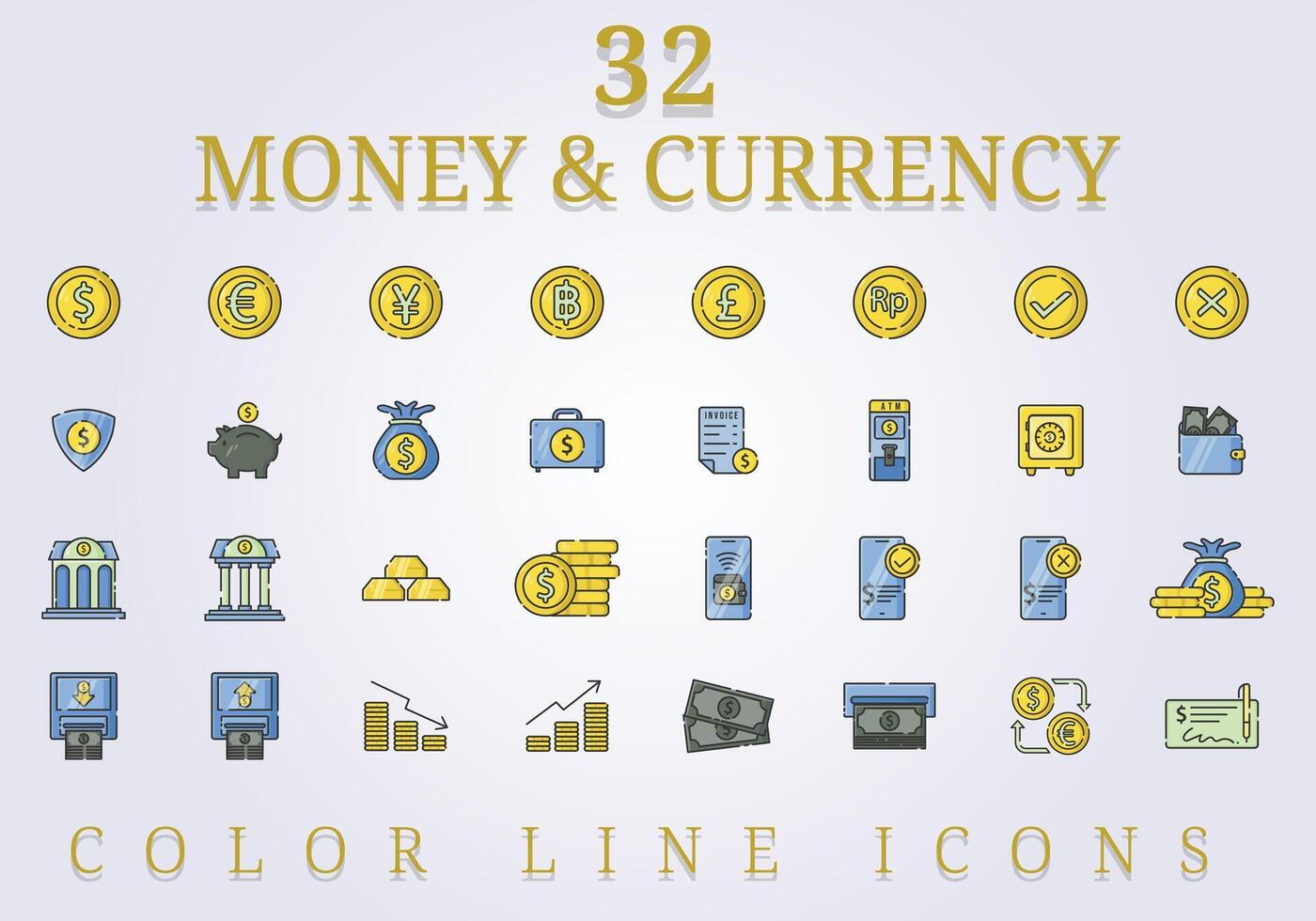 set of money and currency line color icon illustration design vector