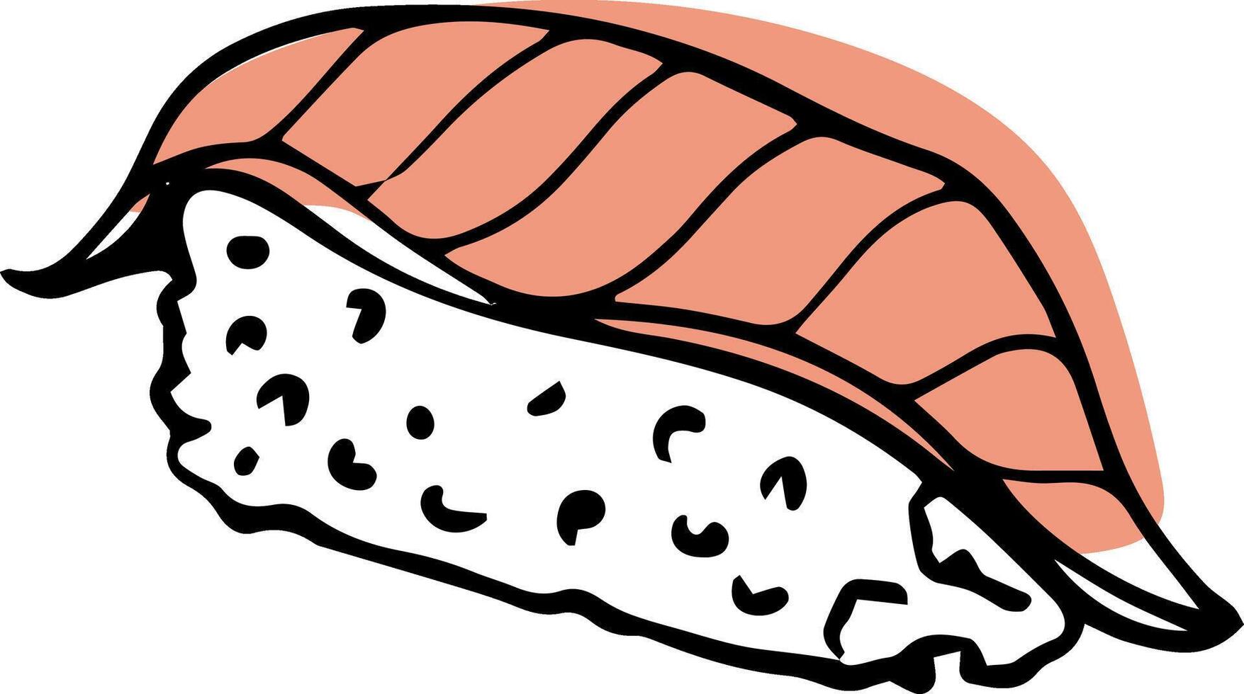 Single salmon sushi nigiri hand drawn doodle style side view isolated on white background vector