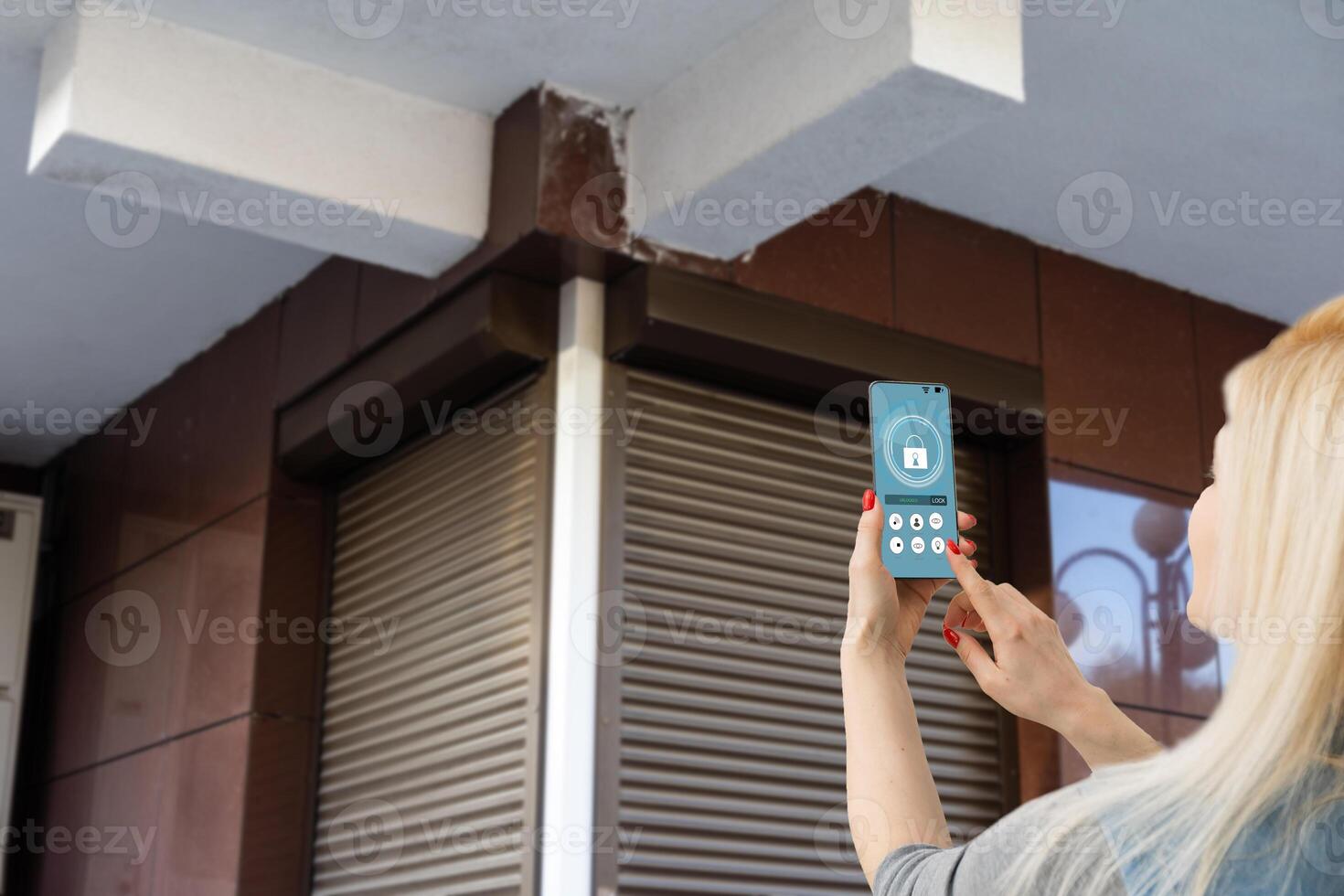 Woman unlocking smartphone application on the screen, closeup. Space for text photo
