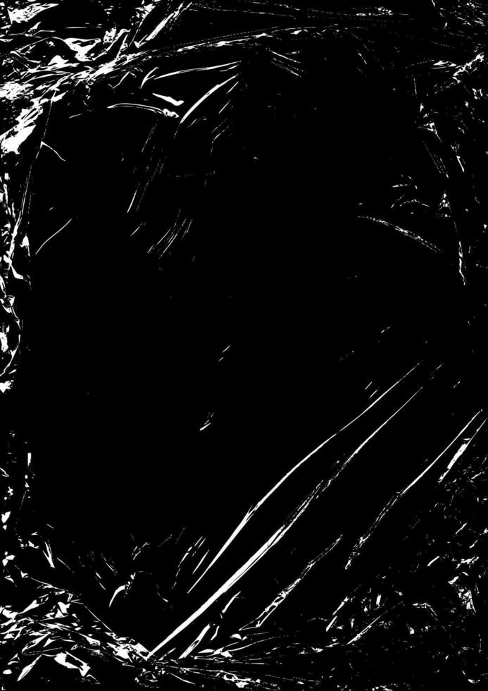 Polyethylene texture. Grunge effect. Transparent stretched cling film. Overlay shabby texture. Black and white background. Crumpled warp plastic. Defect, scuff frame template vector