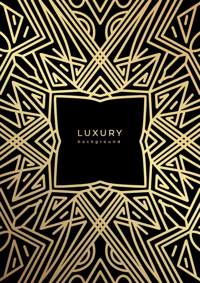 Luxury geometric linear template. Golden lines. Black background with gold outline elements. Shiny stroke. Abstract minimalist gatsby style poster. Art deco banner, placard, cover vector