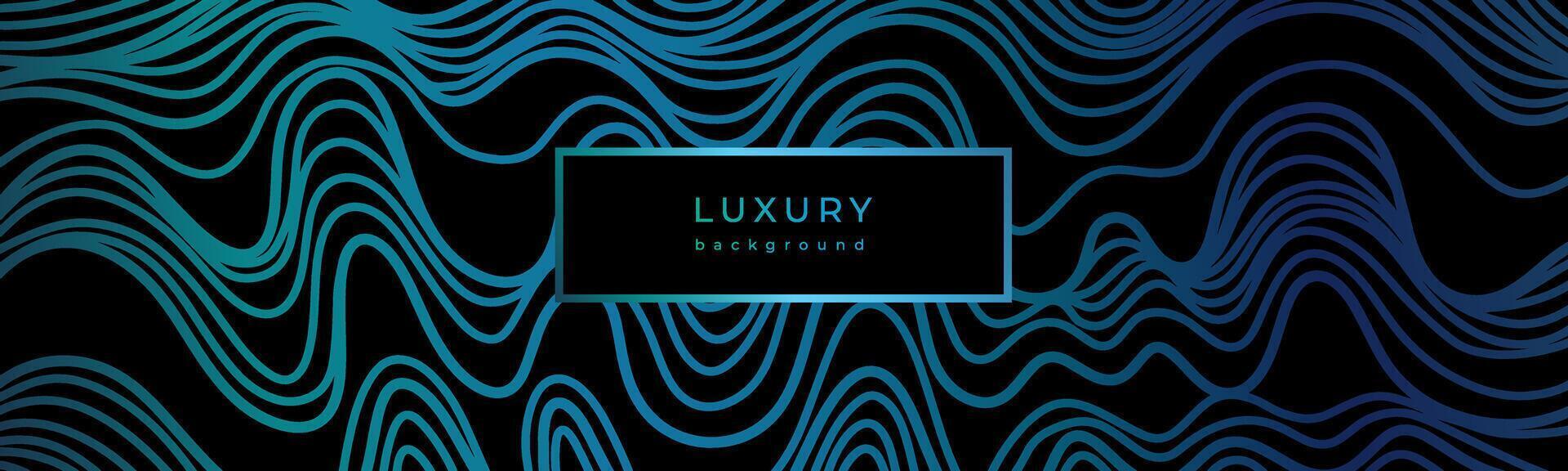 Luxury wavy linear banner. Shiny blue waves on black background. Swirl pattern. Template with gradient lines. Decorative stormy sea, ocean. Curved lines. Water texture vector