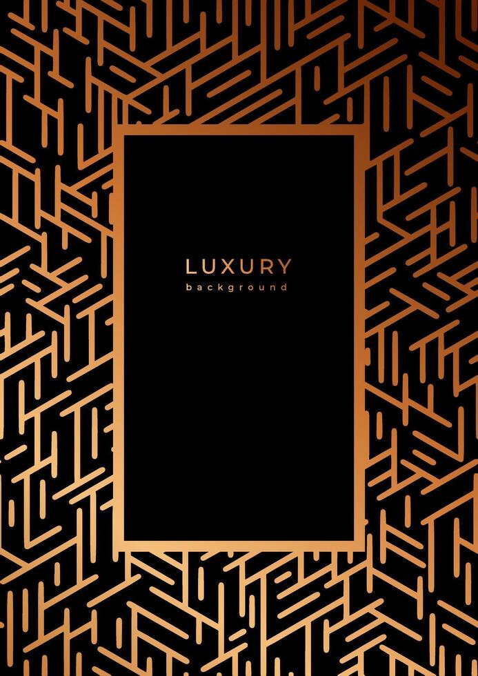 Luxury geometric linear template. Bronze lines. Black background with golden outline elements. Shiny stroke. Abstract minimalist gatsby style poster. Art deco banner, placard, cover vector