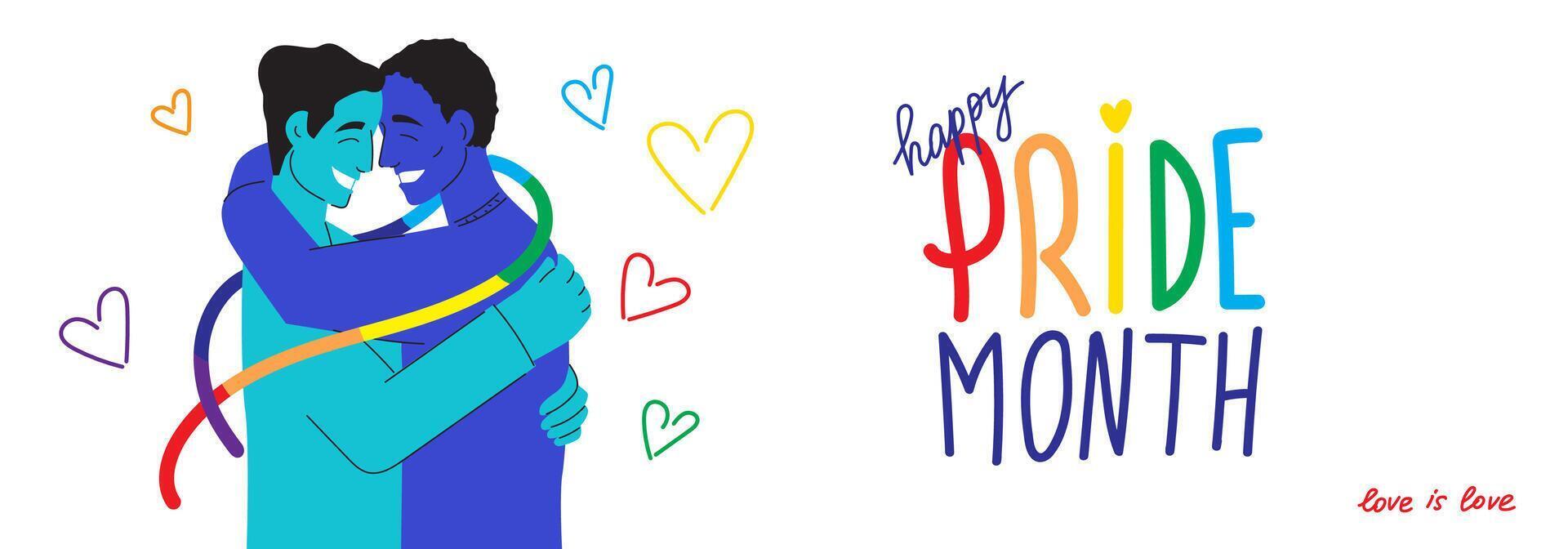 Banner with male gay couple in love. Homosexual couple with rainbow ribbon. Love concept. Lgbtq people in romantic relationships.Two happy men hugging, smiling. Pride month. Men embrace each other. vector