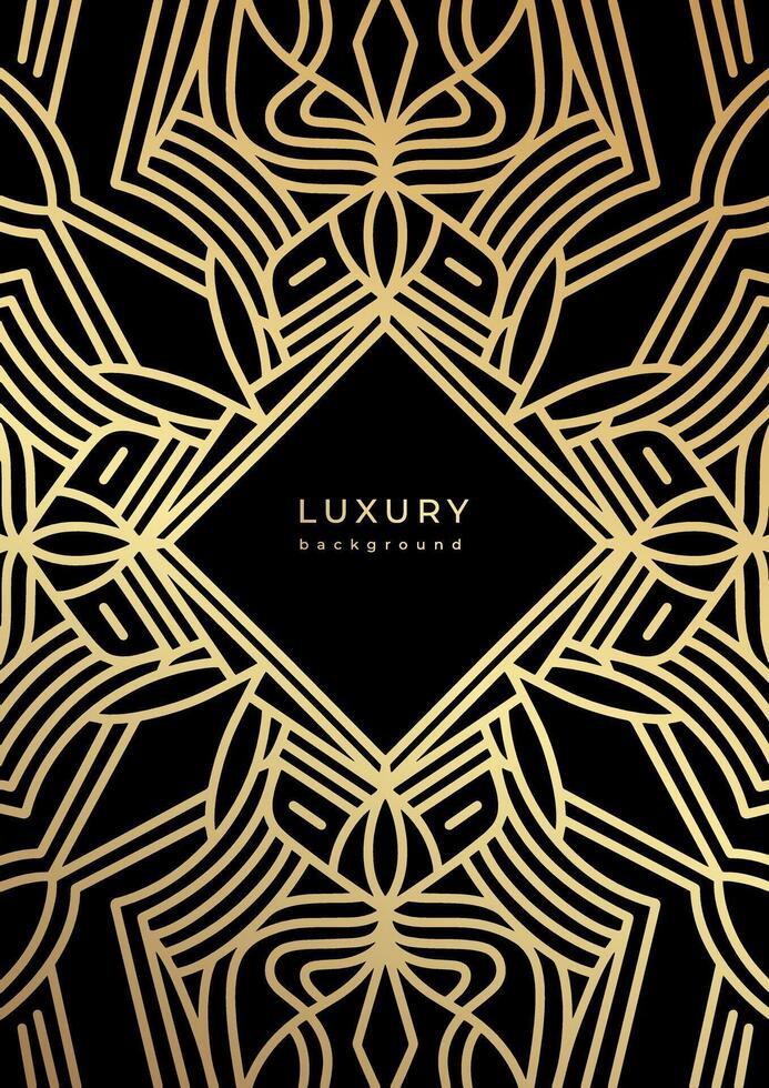 Luxury geometric linear template. Golden lines. Black background with gold outline elements. Shiny stroke. Abstract minimalist gatsby style poster. Art deco banner, placard, cover vector