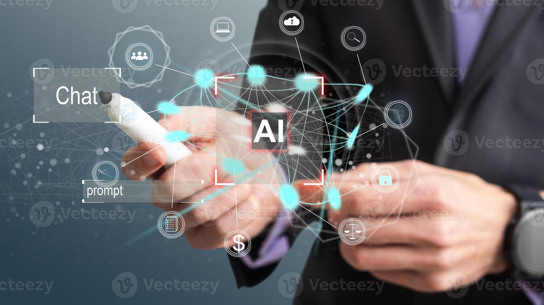 AI - Artificial Intelligence. Big Data and Deep Machine learning Concept. Digital Brain and Neural Networks Hologram. Business Internet Technology Concept photo