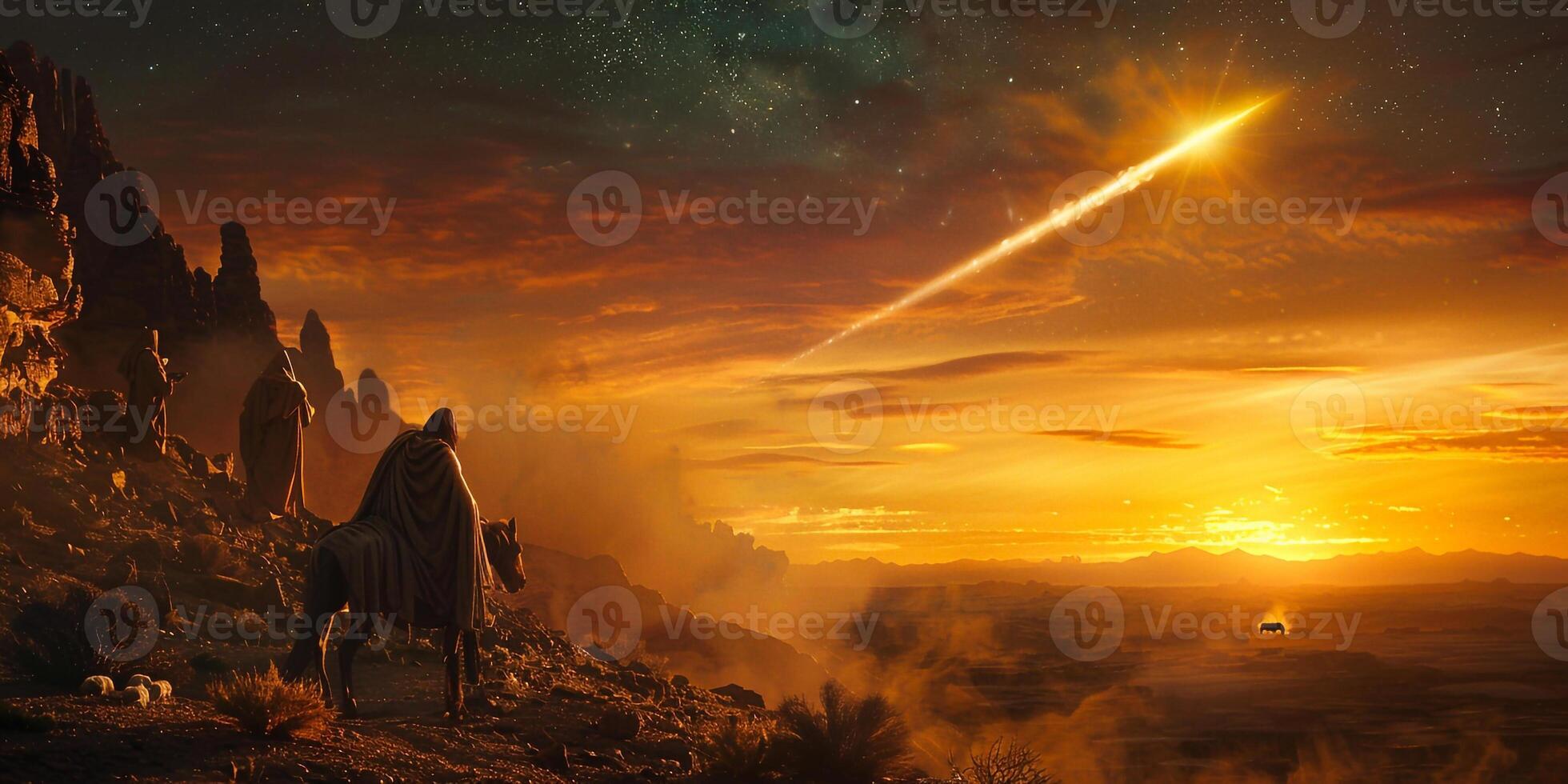 AI Generated Nativity Of Jesus - Scene With The Holy Family With Comet At Sunrise photo