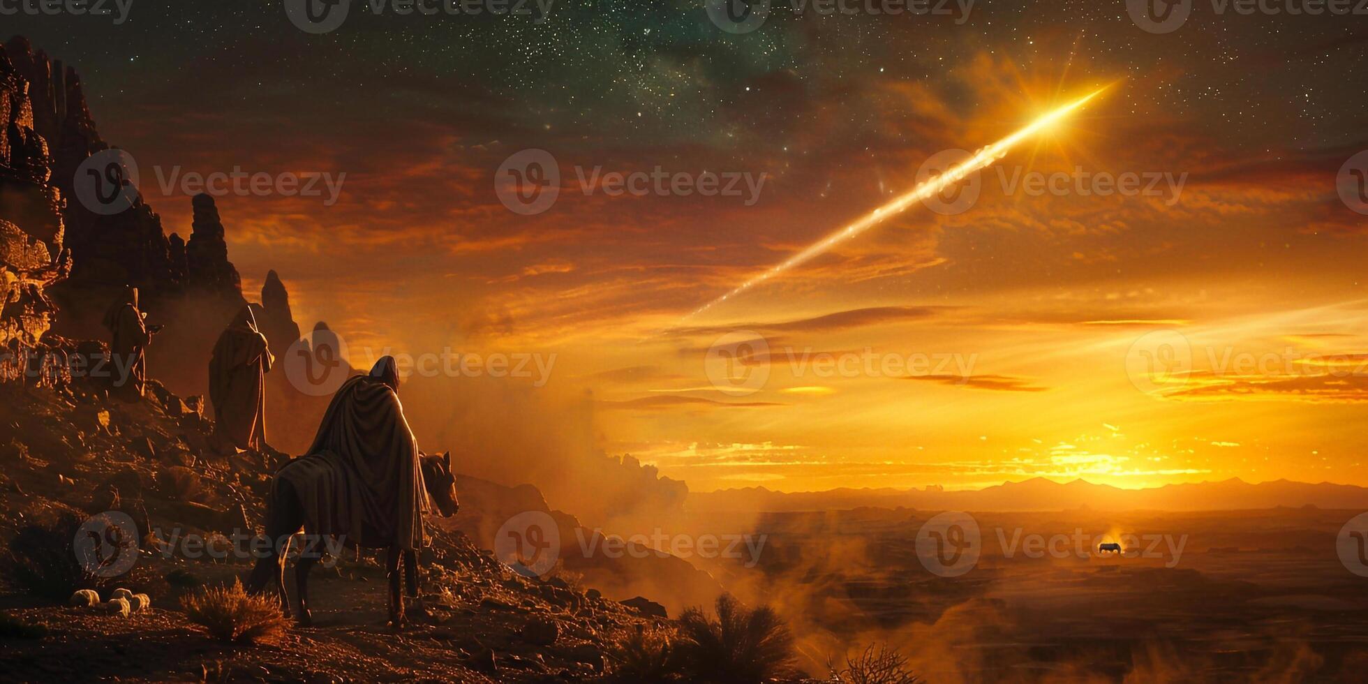 ai generado natividad de Jesús - escena con el santo familia con cometa a amanecer foto