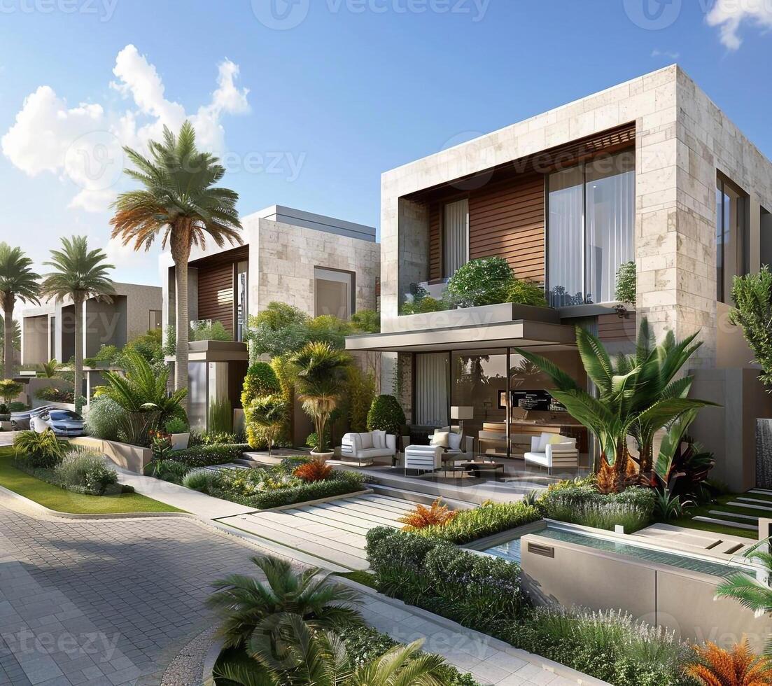 AI Generated 3D visualization of an elite house with a swimming pool. Beautiful facade of the house with a porcelain stoneware finish. Plot with landscaping photo
