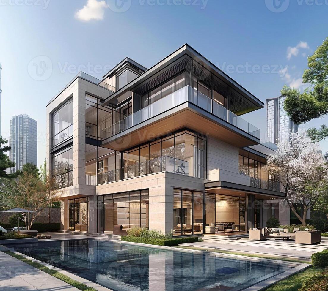 AI Generated 3D visualization of an elite house with a swimming pool. Beautiful facade of the house with a porcelain stoneware finish. Plot with landscaping photo