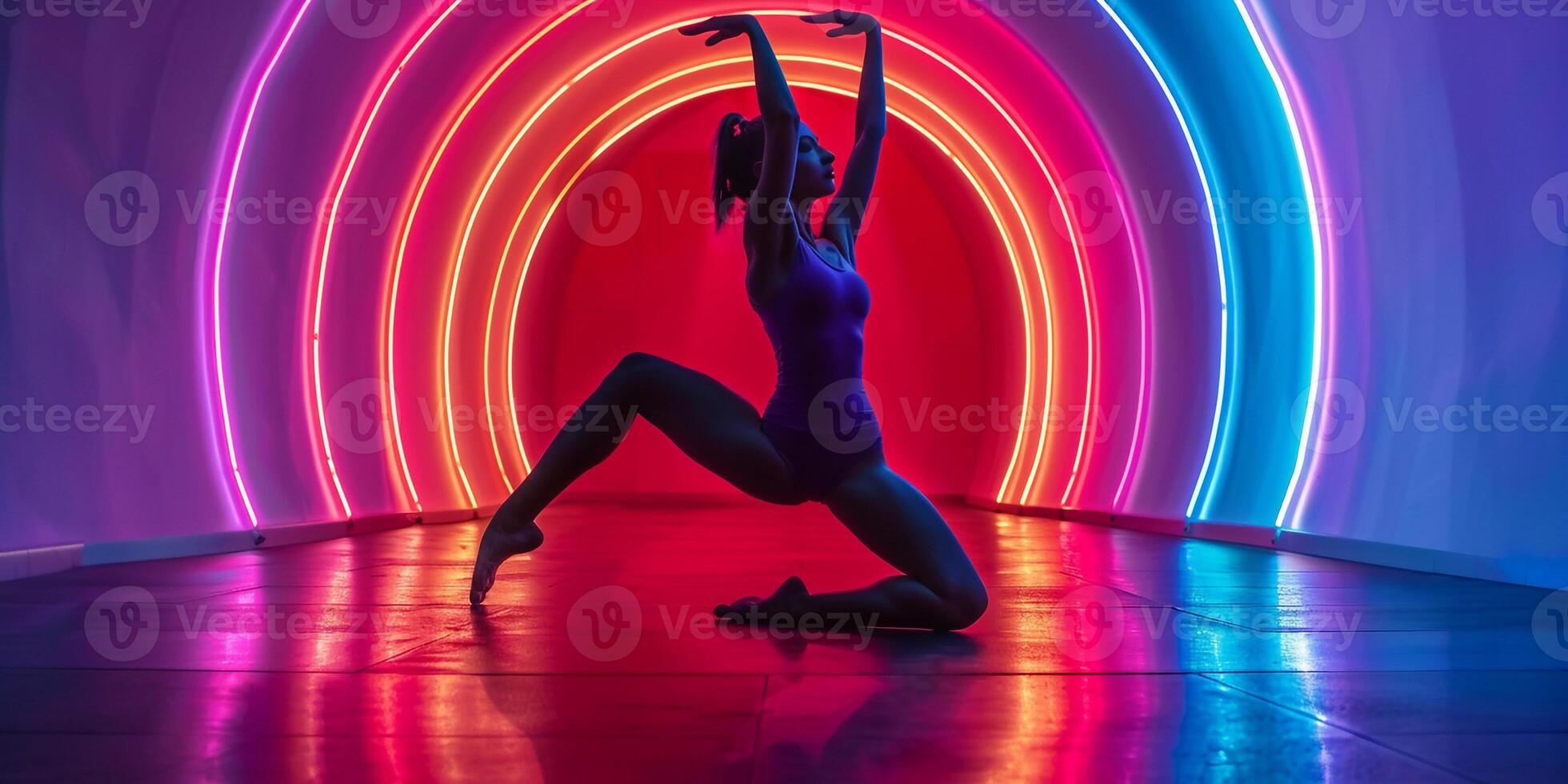 AI Generated color portrait ballerina dancing. dancer in motion with the effects of highlighting with color filters in the fog on a black background. Abstract photo in color light. dancing in colored