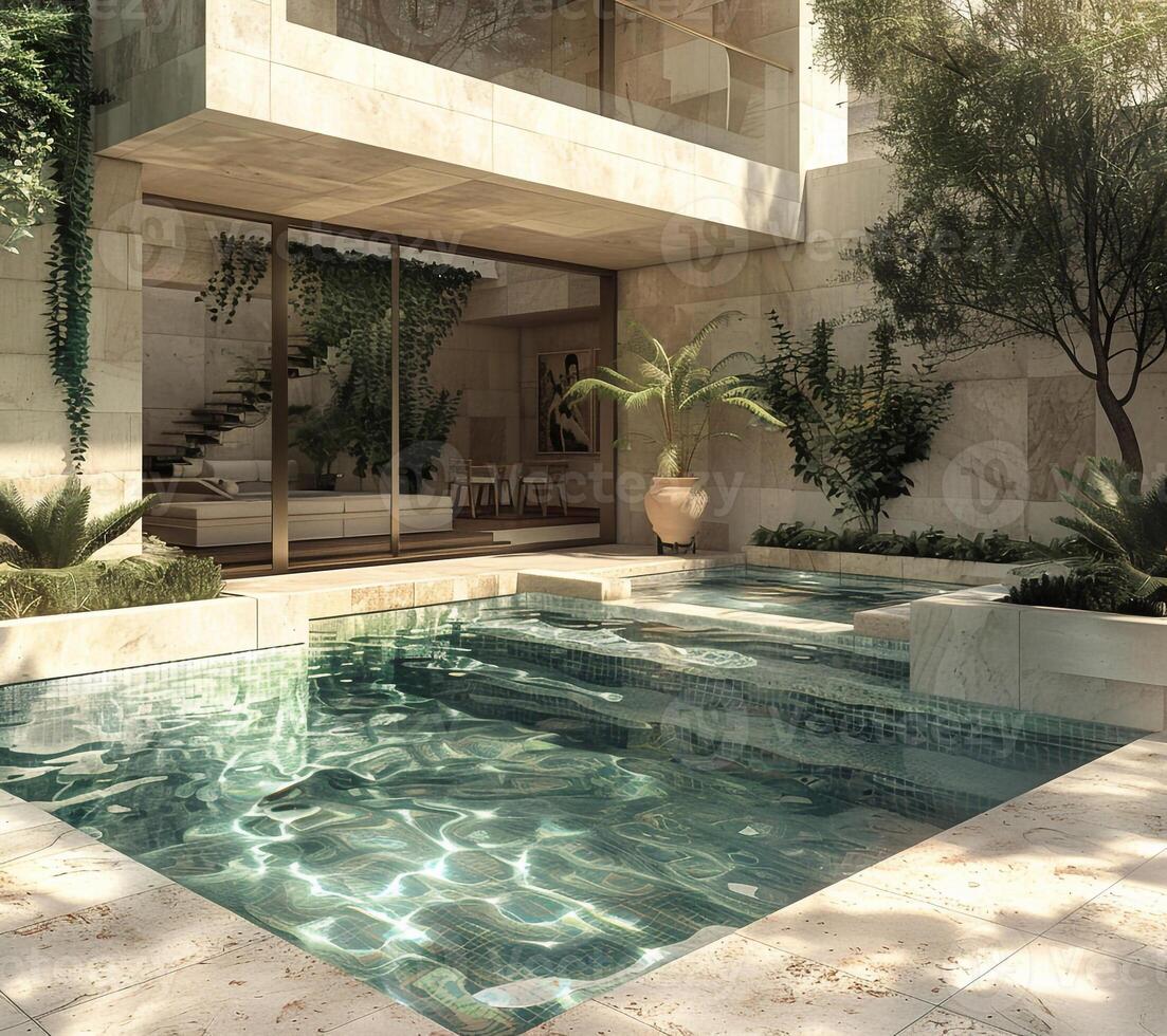 AI Generated 3D visualization of an elite house with a swimming pool. Beautiful facade of the house with a porcelain stoneware finish. Plot with landscaping photo