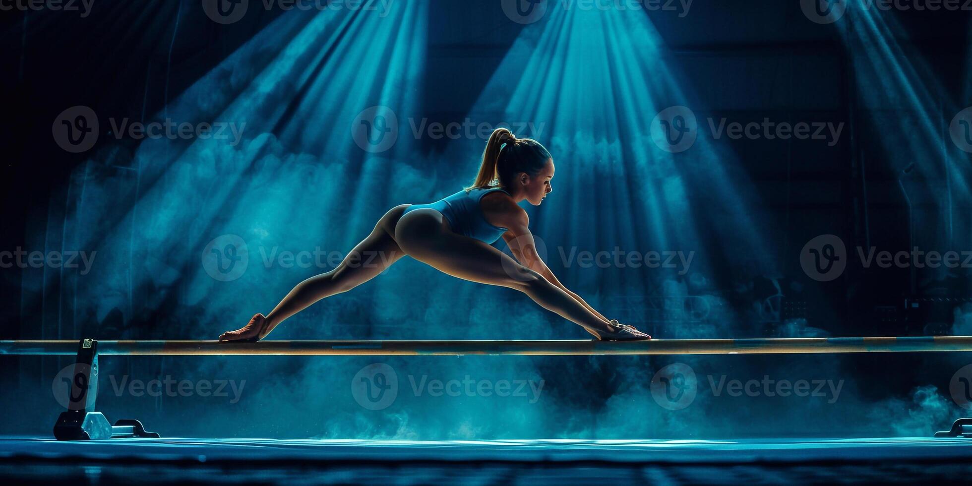 AI Generated The beautiful little girl is engaged in sports gymnastics at gym. The performance, sport, acrobat, acrobatic, exercise, training concept photo