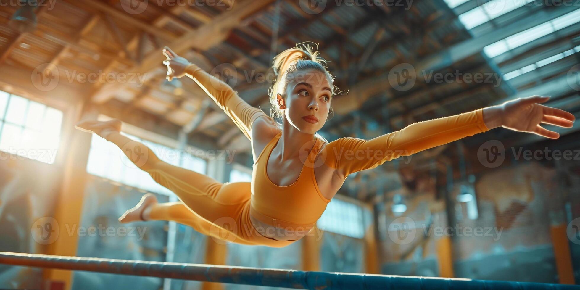 AI Generated The beautiful little girl is engaged in sports gymnastics at gym. The performance, sport, acrobat, acrobatic, exercise, training concept photo