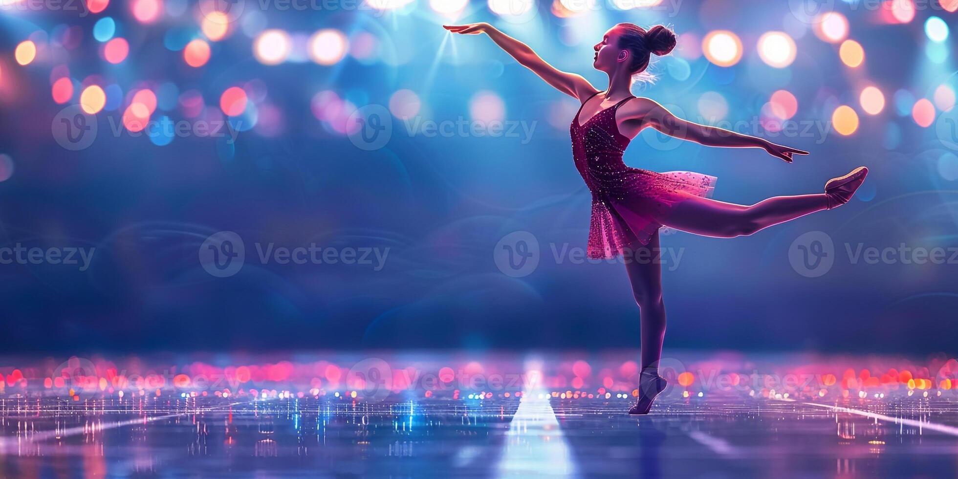 AI Generated Theatrical performance. Beautiful, tender, graceful ballerina dancing against dark blue background with spotlight. Concept of art, classical ballet, creativity, choreography, beauty, ad photo