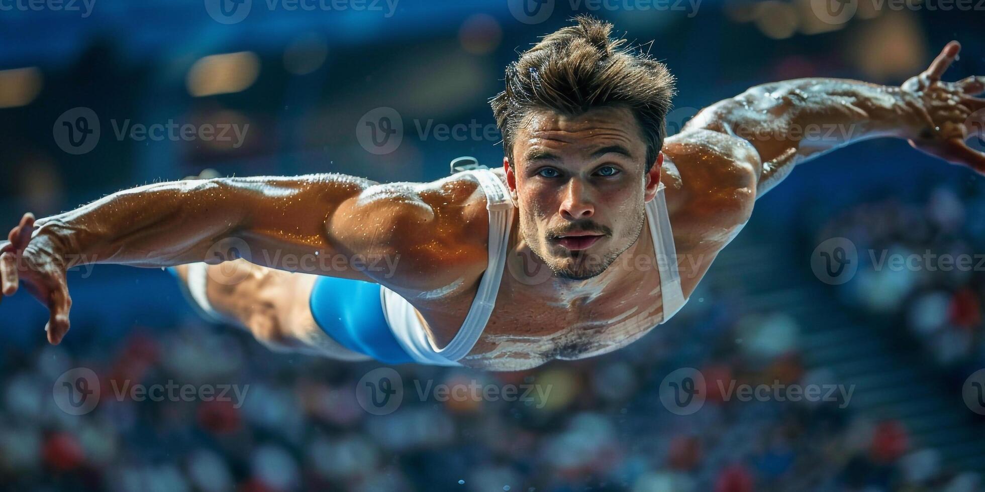 AI Generated The sportsman performing difficult gymnastic exercise at gym. The sport, exercise, gymnast, health, training, athlete concept. Caucasian fit model photo