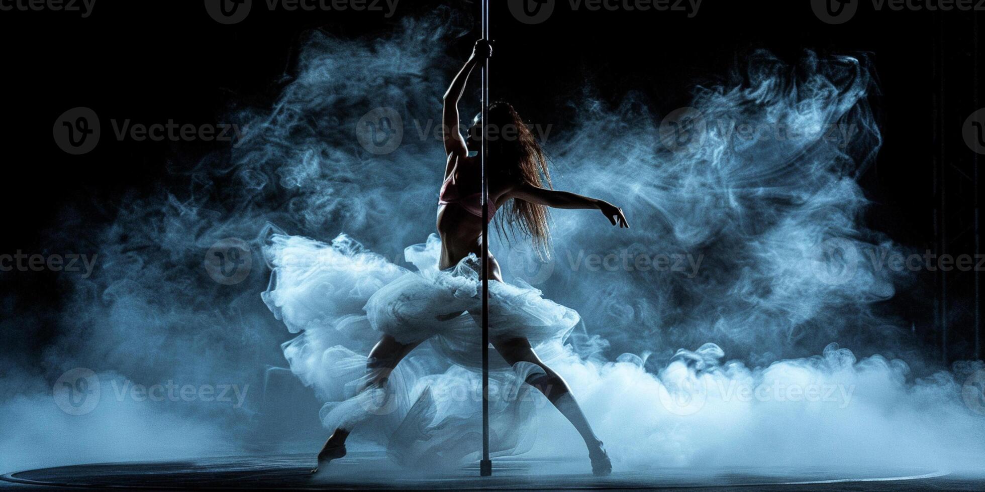 AI Generated Pole dance. Young slender sexy woman dancing on a pole in the interior of a nightclub with light and smoke. photo