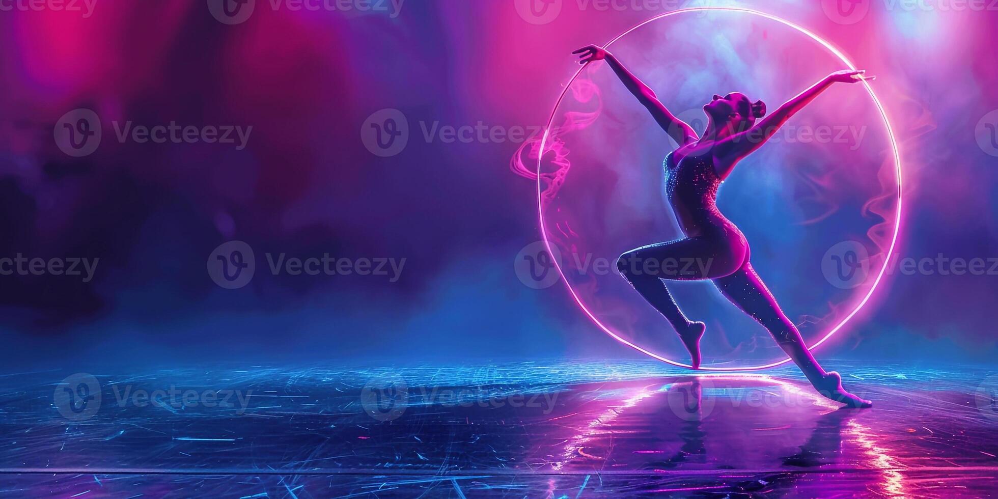 AI Generated Theatrical performance. Beautiful, tender, graceful ballerina dancing against dark blue background with spotlight. Concept of art, classical ballet, creativity, choreography, beauty, ad photo