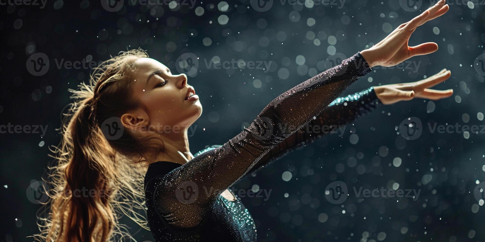 AI Generated The young beautiful modern dancer dancing under water drops photo