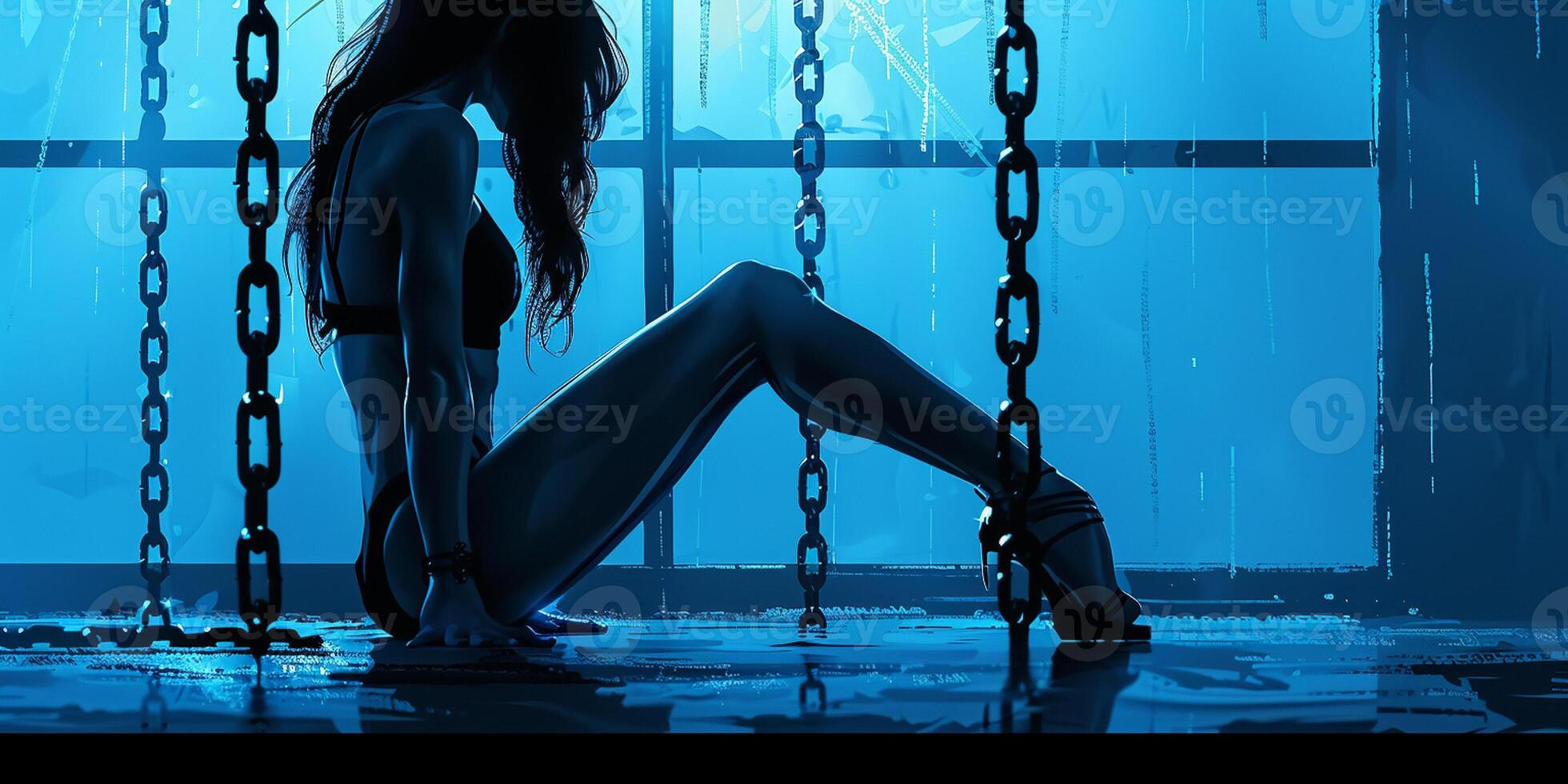 AI Generated Female bodybuilder lifting chain in gym, fitness girl posing in chains photo