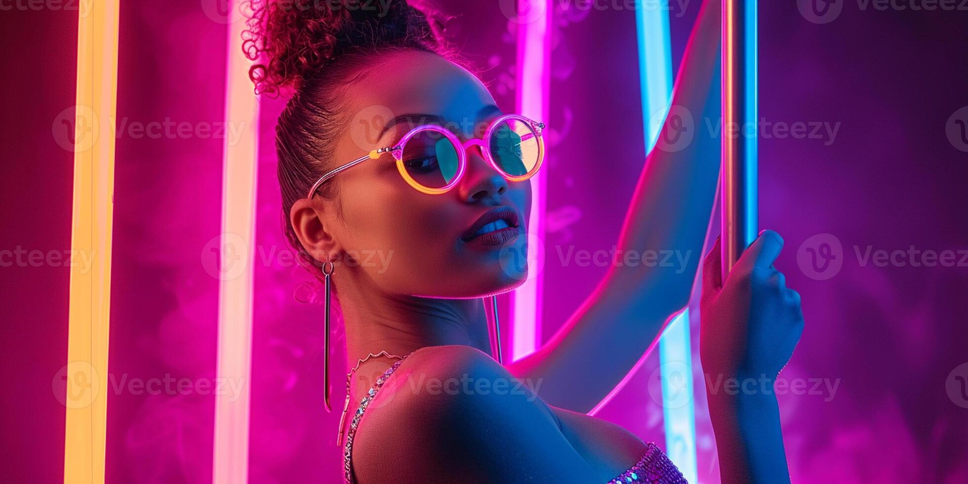 AI Generated Young slim pole dance woman in dance studio photo