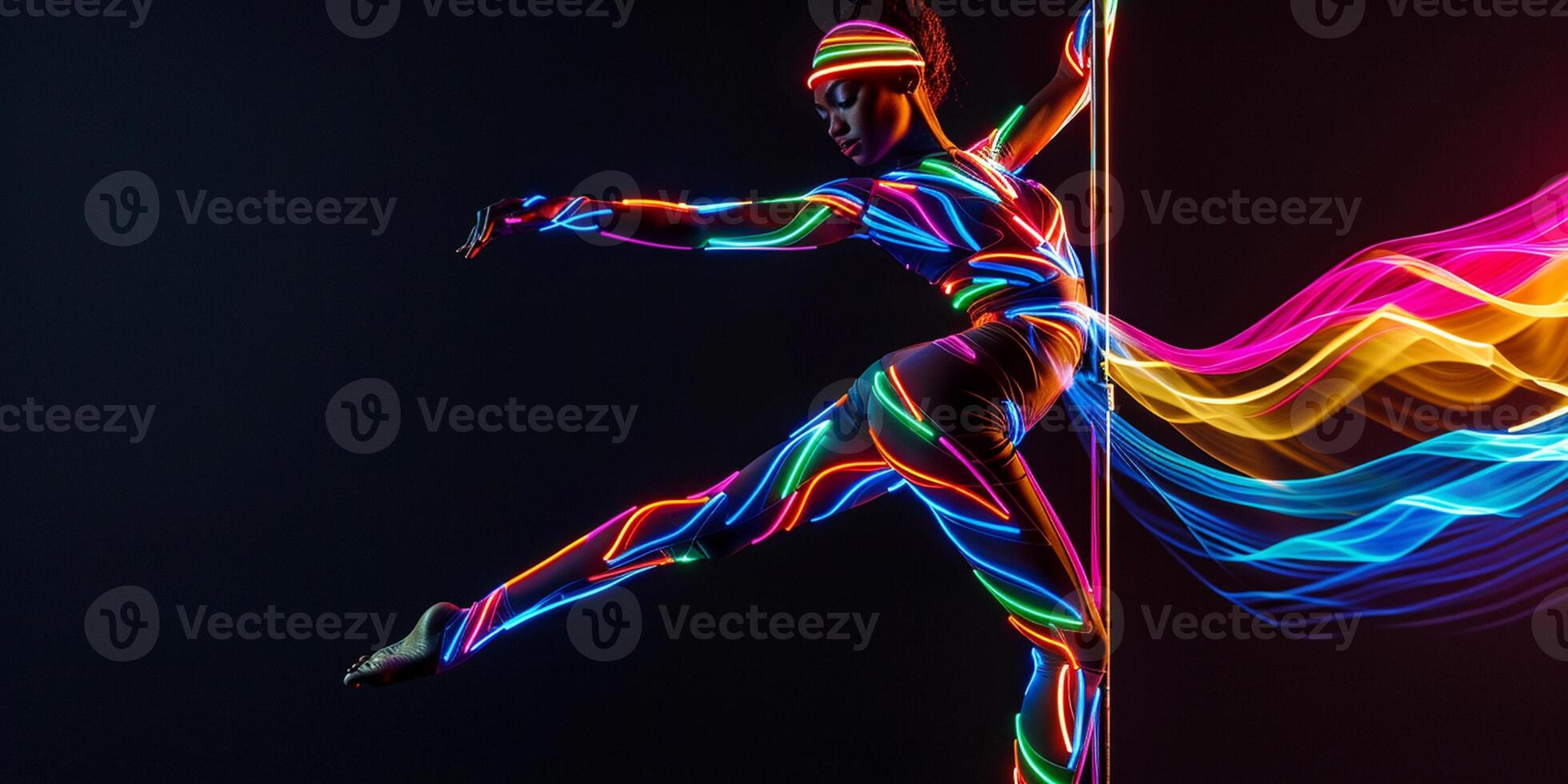 ai generado joven Delgado polo danza mujer en danza estudio foto