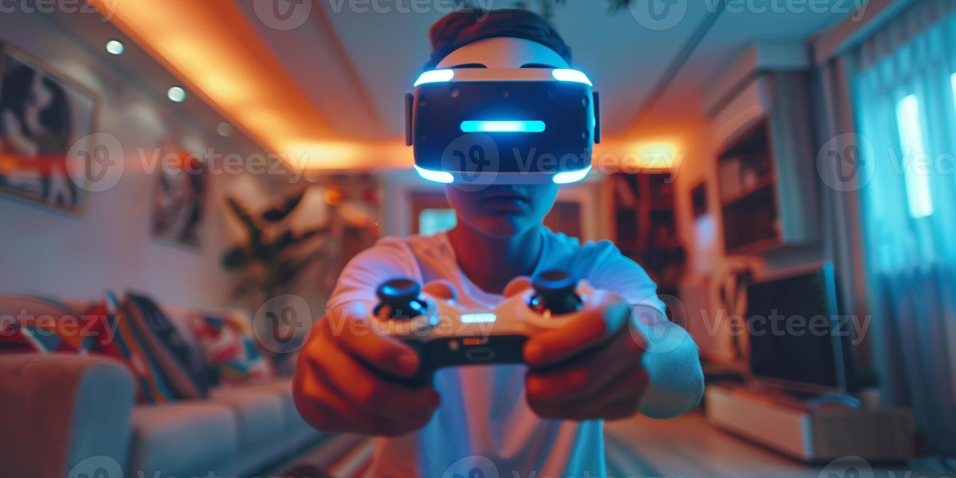 ai generado joven caucásico hombre flámula jugando vídeo juego utilizando virtual realidad lentes y palanca de mando a juego de azar habitación foto