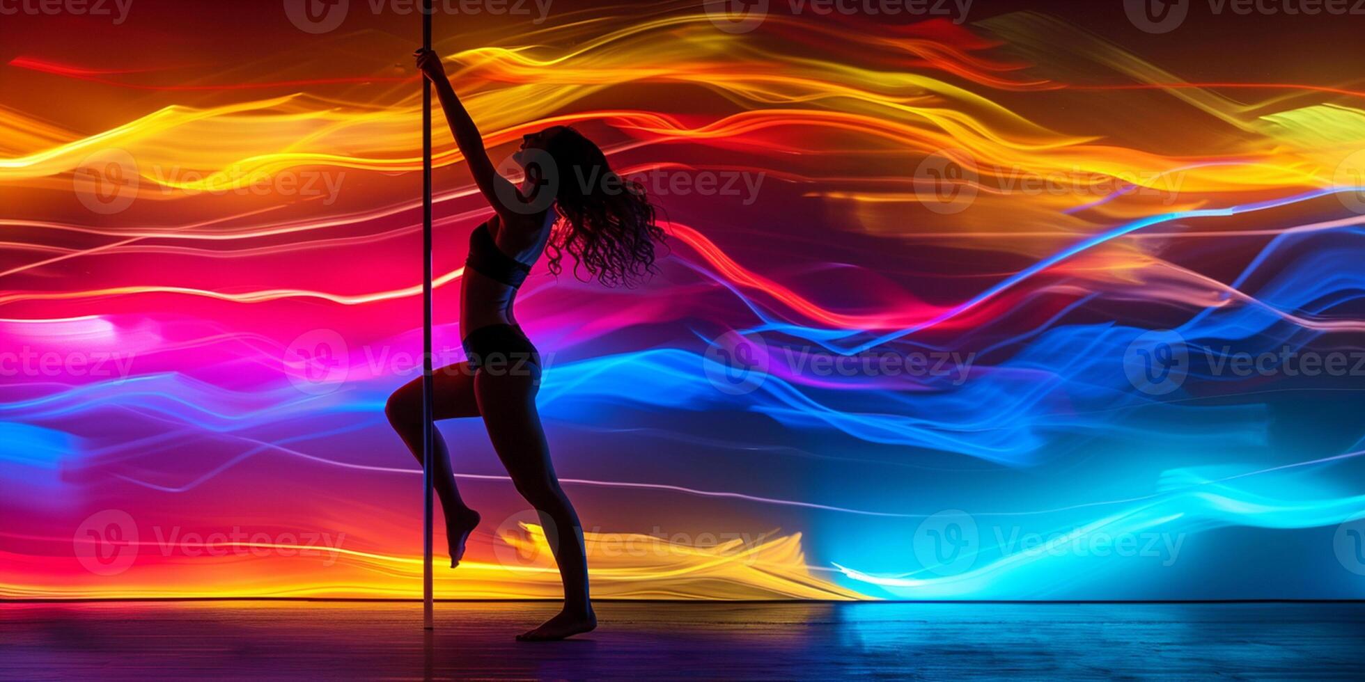 AI Generated Pole dance. Young slender sexy woman dancing on a pole in the interior of a nightclub with light and smoke. photo