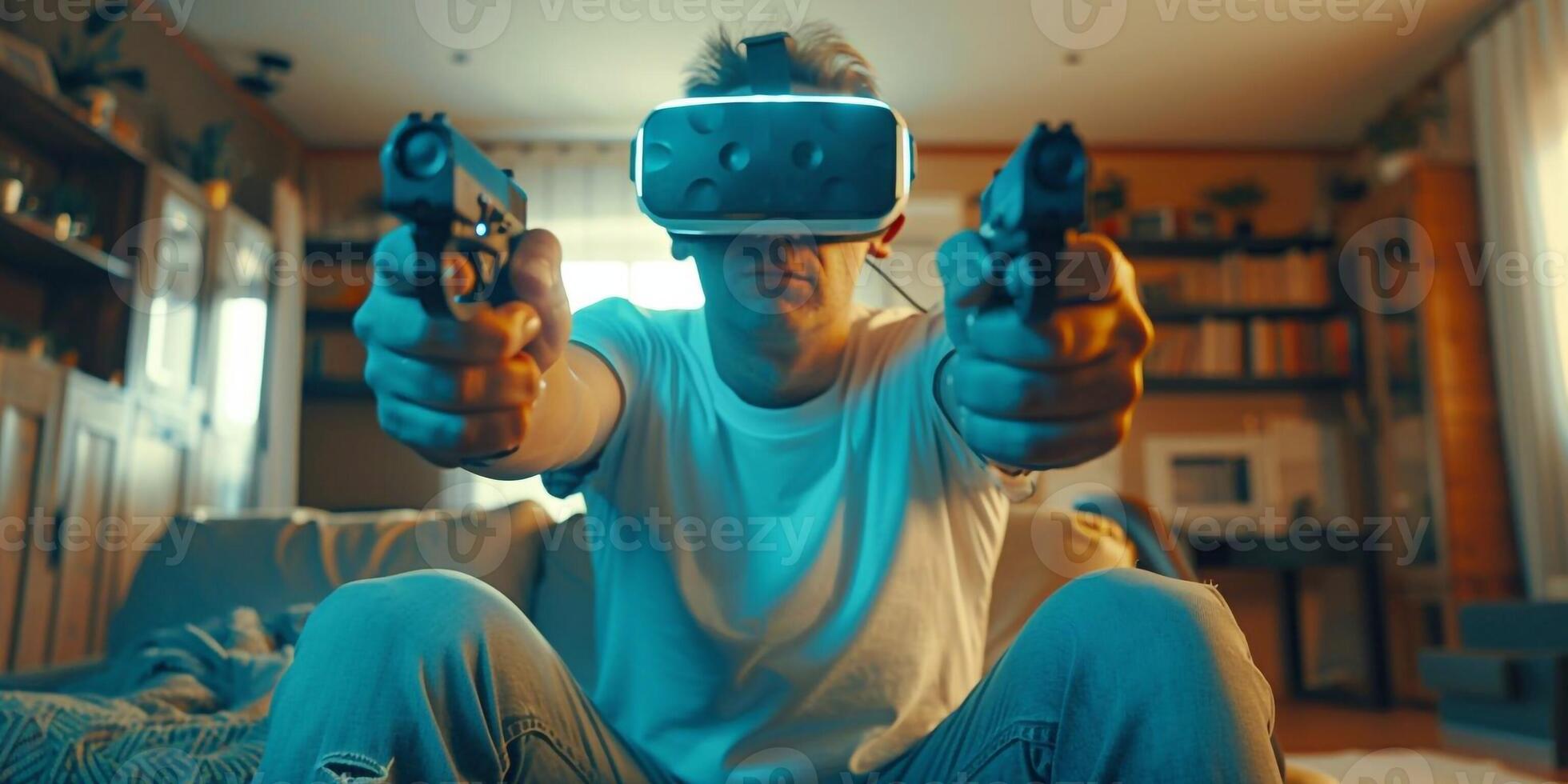 AI Generated Young caucasian man streamer playing video game using virtual reality glasses and joystick at gaming room photo