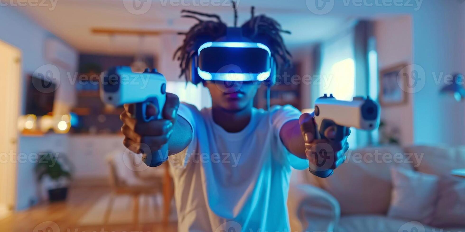 AI Generated Young caucasian man streamer playing video game using virtual reality glasses and joystick at gaming room photo