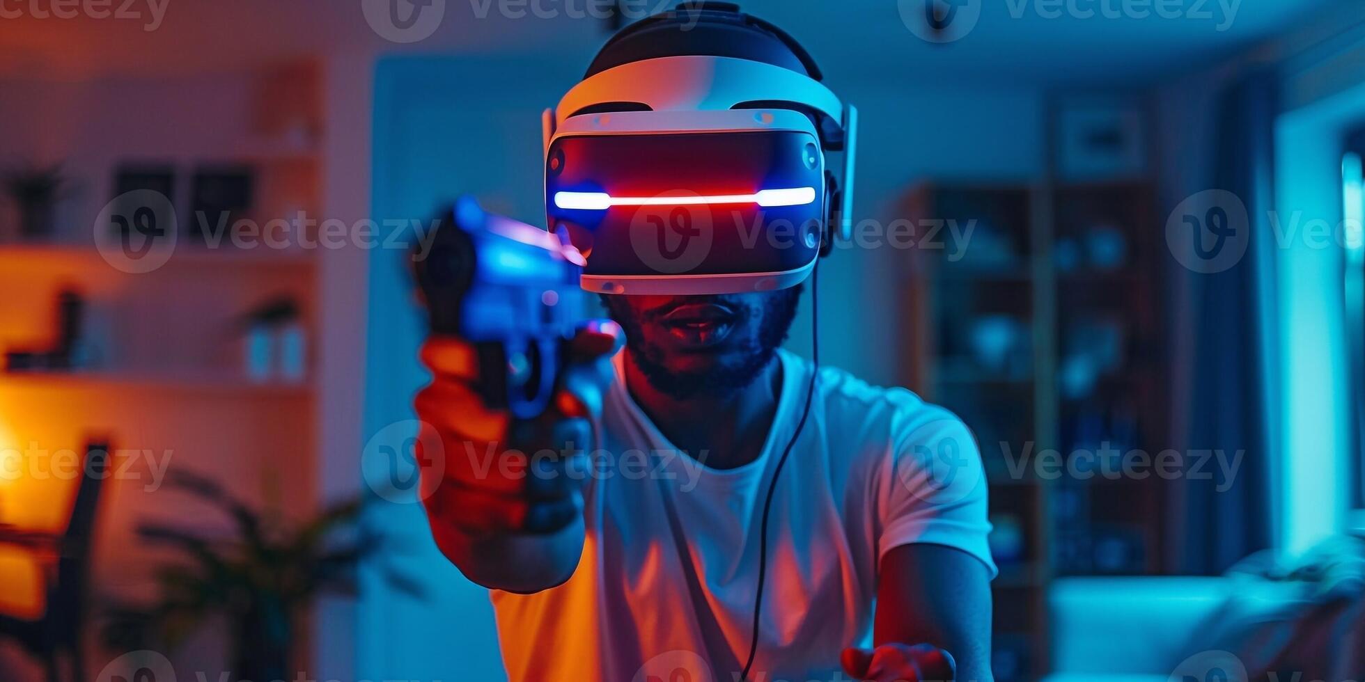 AI Generated Young caucasian man streamer playing video game using virtual reality glasses and joystick at gaming room photo